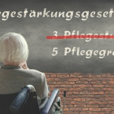 Frau im Rollstuhl blickt auf den Text "5 Pflegegrade statt 3 Pflegestufen"