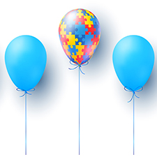 Drei Luftballons. Der mittlere hat das bunte Muster eines Puzzles, während die beiden anderen links und rechts einfach nur blau sind.