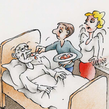 Illustration: Ein Mann und eine Frau füttern einen gebrechlichen Mann, er im Bett liegt