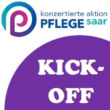 Grafik: Logo mit Schriftzug "Konzentrierte Aktion Pflege", darunter ein angeschnittener, violetter Kreis darin die weiße Schrift "Kick-Off"