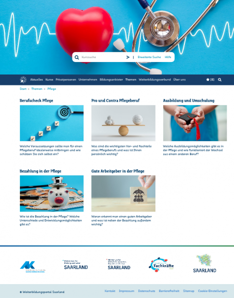 Screenshot Themenbereich Pflege auf dem Weiterbildungsportal Saarland