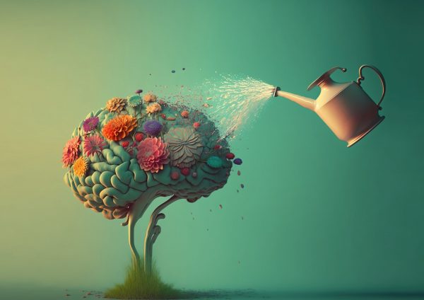 Menschliches Gehirn mit Blumen wird mit Gießkanne gewässert