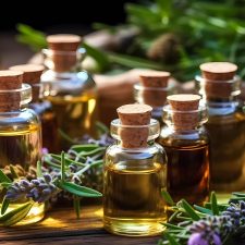 Gläser mit homeopathischen Aromaölen und frisches Lavendel