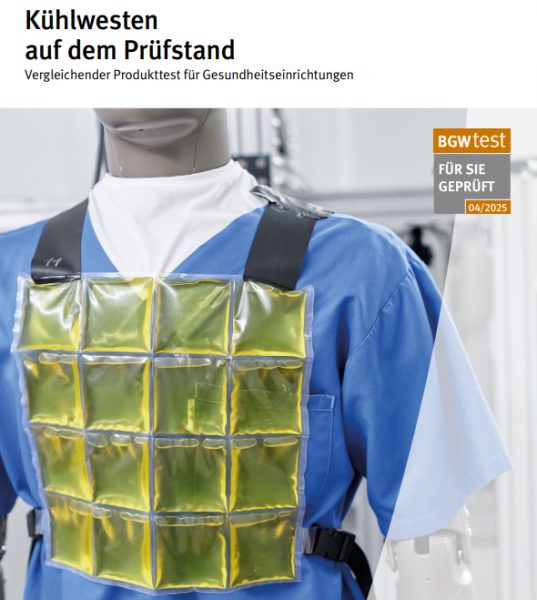 Titelbild des Prüfberichtes der BGW, das eine angelegte Kühlweste zeigt.